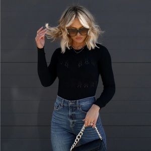 Vici Driscilla Pointelle Knit Ribbed bodysuit-  black